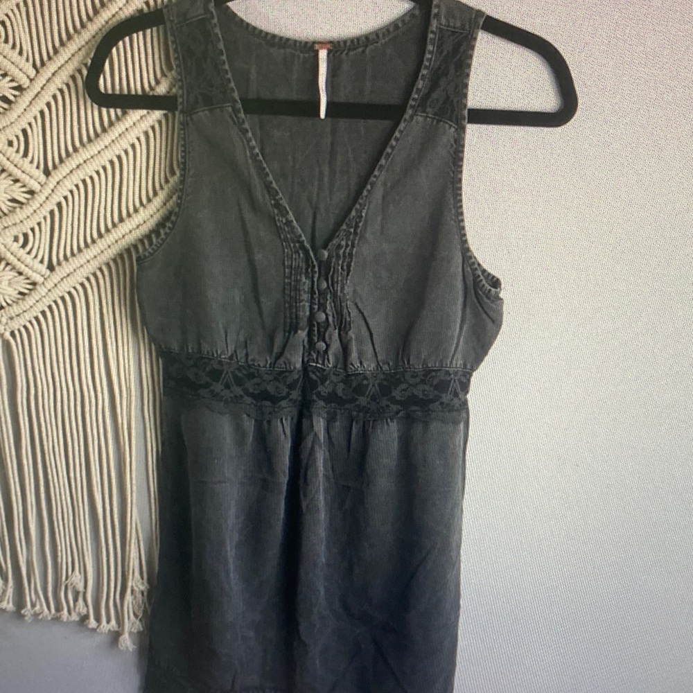 Free People Washed Black V-Neck Lace Waist Mini Dress
